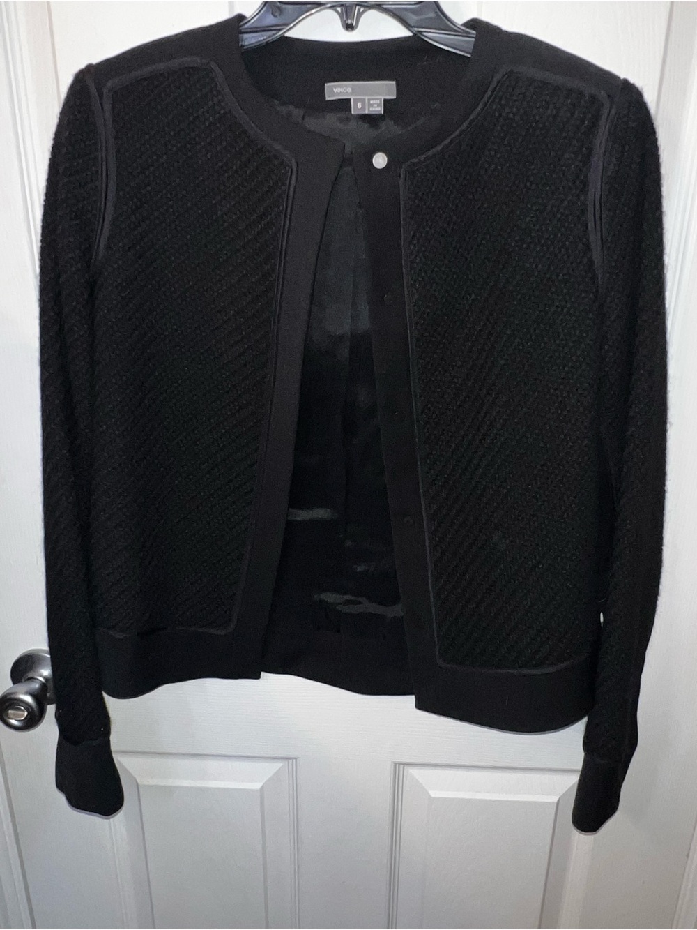 VINCE Black Textured Knit Snap Front Collarless Jacket Blazer Size 6 Luxury